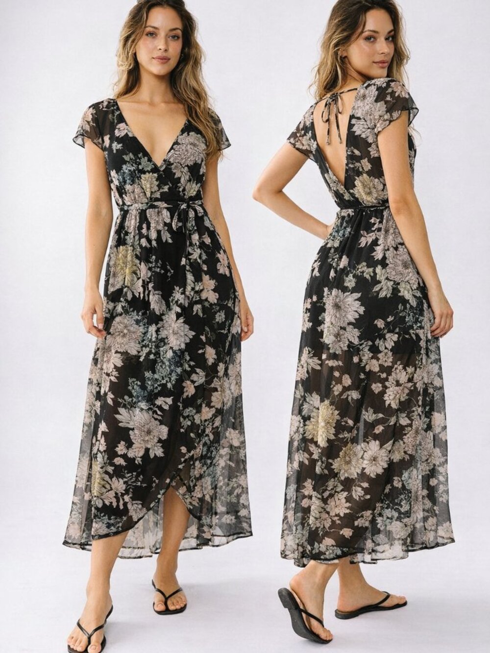 Band of Gypsies Floral Maxi Dress Black Double V Neck Back Tie Flowy Praire - S